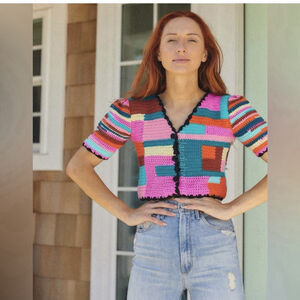 TACH Tini Patchwork Puff Sleeve Cotton Cardigan Size Small